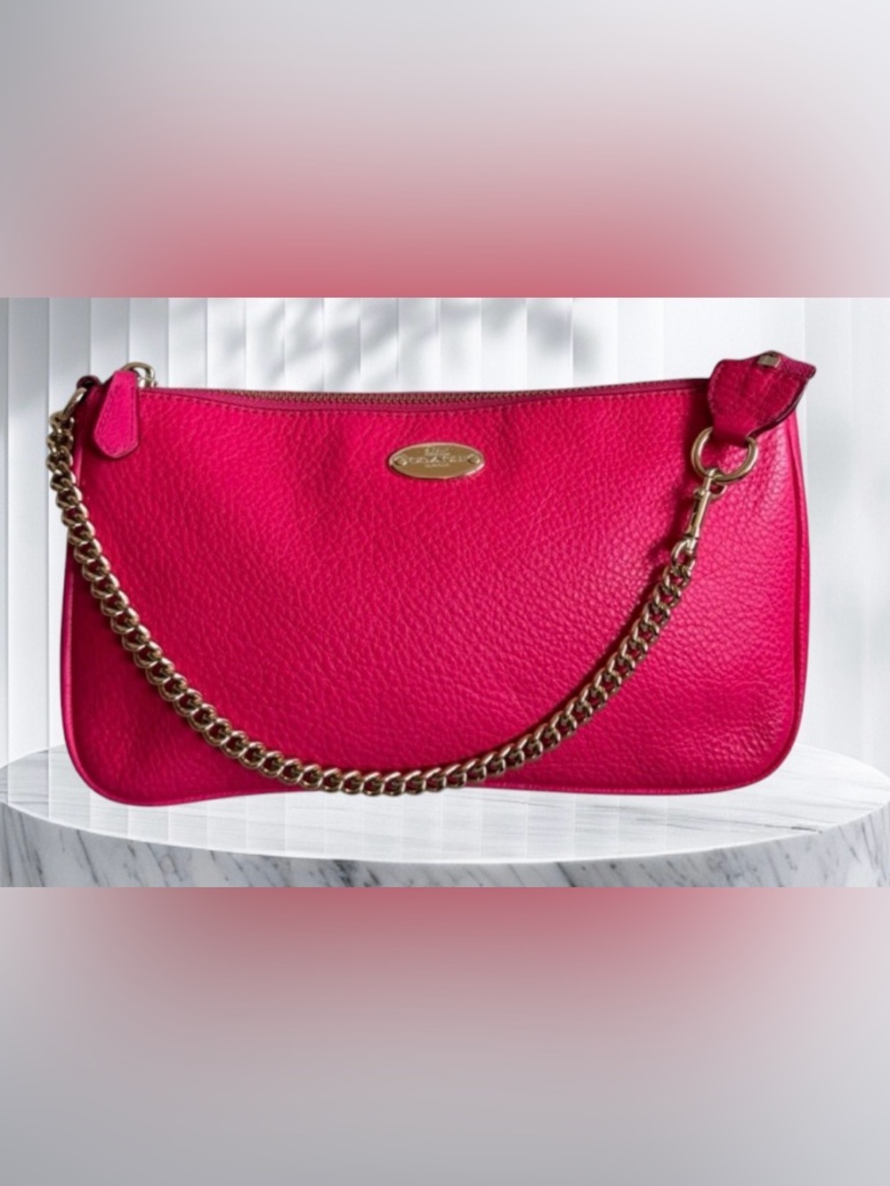 Coach Large Hot Pink Leather Wristlet with Gold Chain